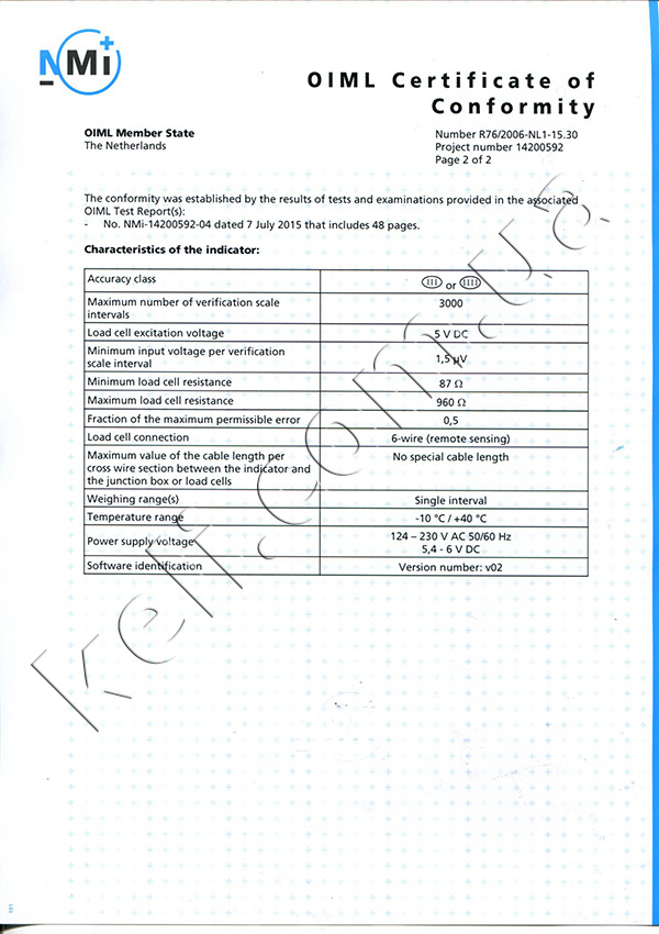OIML certificate. Indicator of platform scales XK3118T1